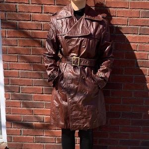 brown “genuine leather” brand trench coat with belt.